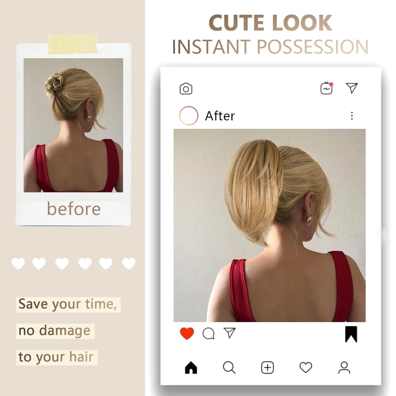 image10 Inch Short Ponytail Extension Soft Straight Pony Tails Hair Extensions Claw Clip Ponytail Extension Natural Short Hair Extensions Ponytail Synthetic Hair Pieces for Women Color Black BrownDark Blonde with Beige Blonde Highlights