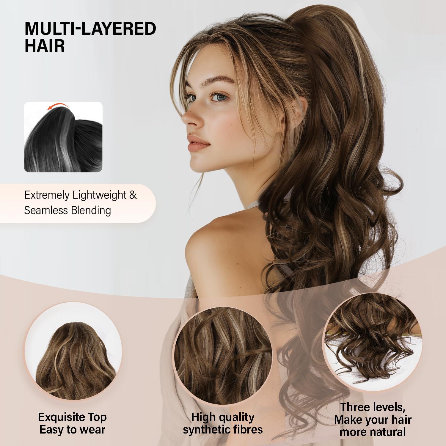 image24 Inch Blonde Ponytail Extension Clip on Ponytails for Women Long Curly Ponytail Extensions for Women Synthetic Layered Pony Tails Hair Extensions Color Dark Blonde With Beige Blonde HighlightsAsh Brown with Beige Blonde Highlights