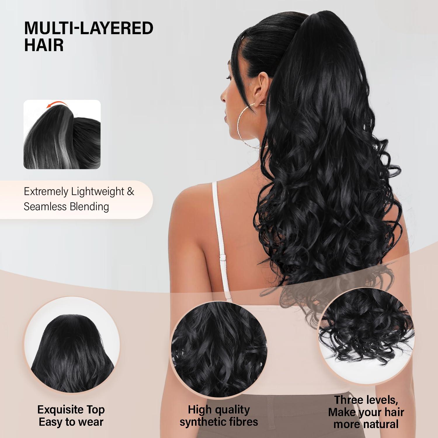 image24 Inch Blonde Ponytail Extension Clip on Ponytails for Women Long Curly Ponytail Extensions for Women Synthetic Layered Pony Tails Hair Extensions Color Dark Blonde With Beige Blonde HighlightsBlack