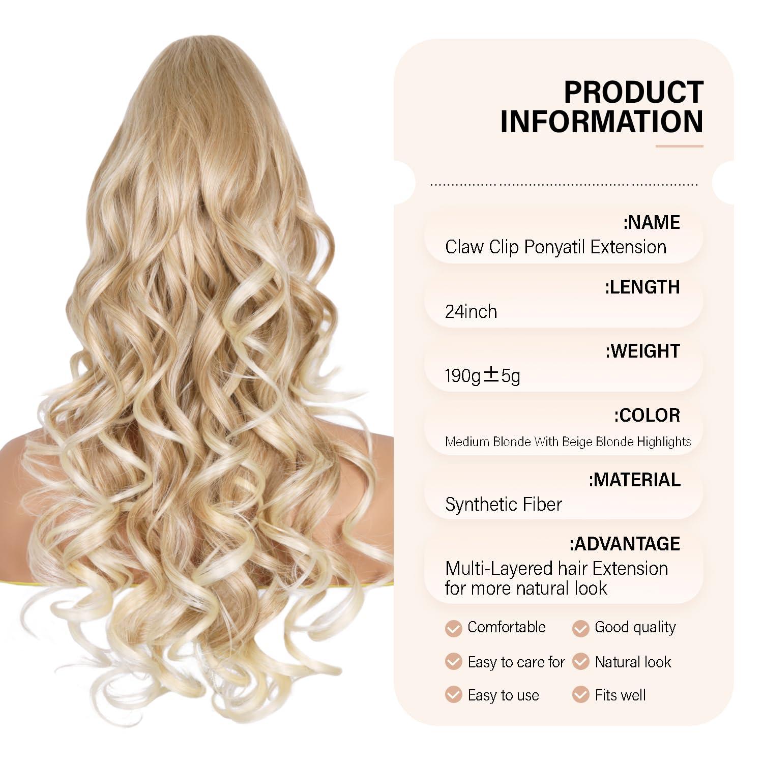 image24 Inch Blonde Ponytail Extension Clip on Ponytails for Women Long Curly Ponytail Extensions for Women Synthetic Layered Pony Tails Hair Extensions Color Dark Blonde With Beige Blonde HighlightsMedium Blonde With Bleach Blonde Ends