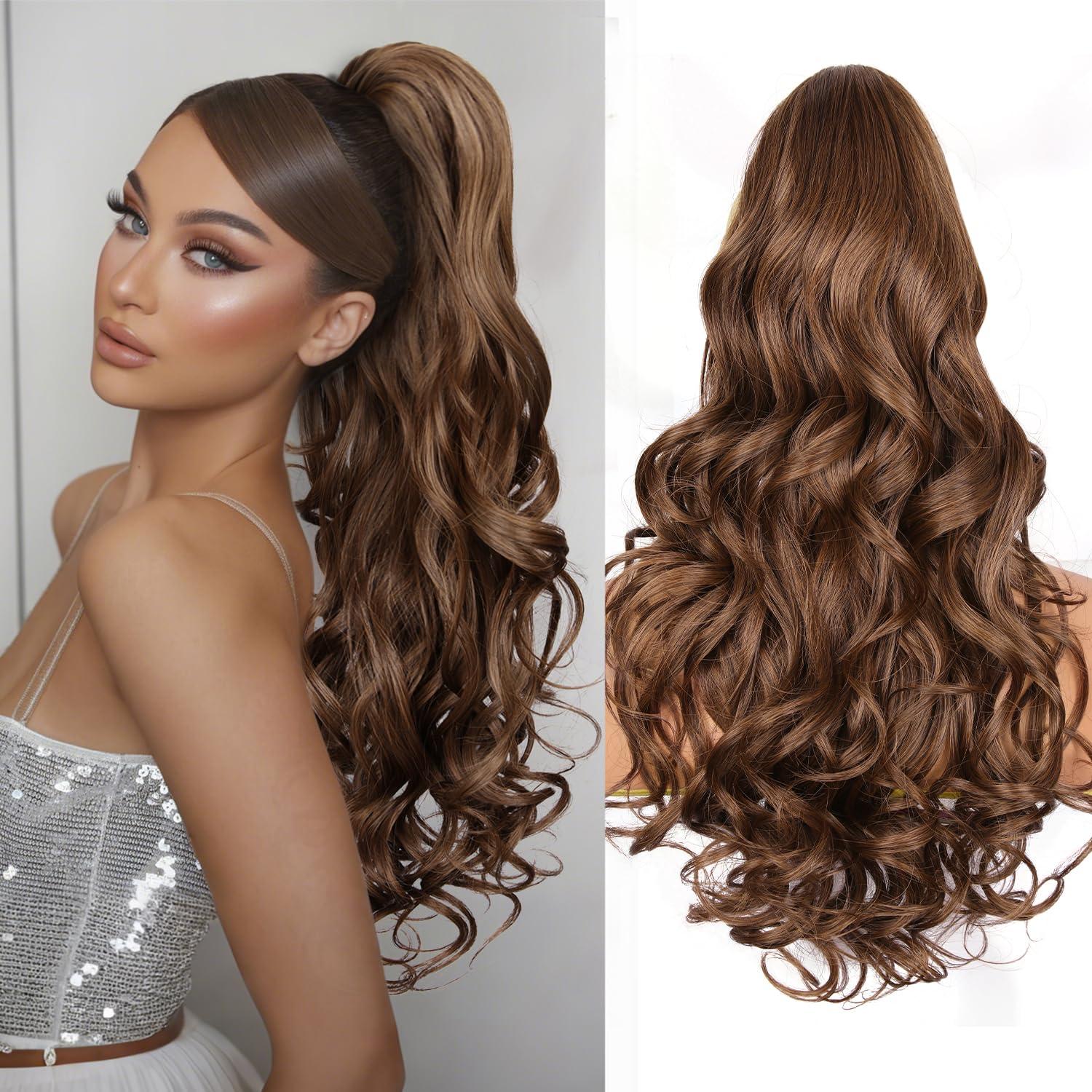 image24 Inch Blonde Ponytail Extension Clip on Ponytails for Women Long Curly Ponytail Extensions for Women Synthetic Layered Pony Tails Hair Extensions Color Dark Blonde With Beige Blonde HighlightsMedium Brown Mixed Honey Blonde