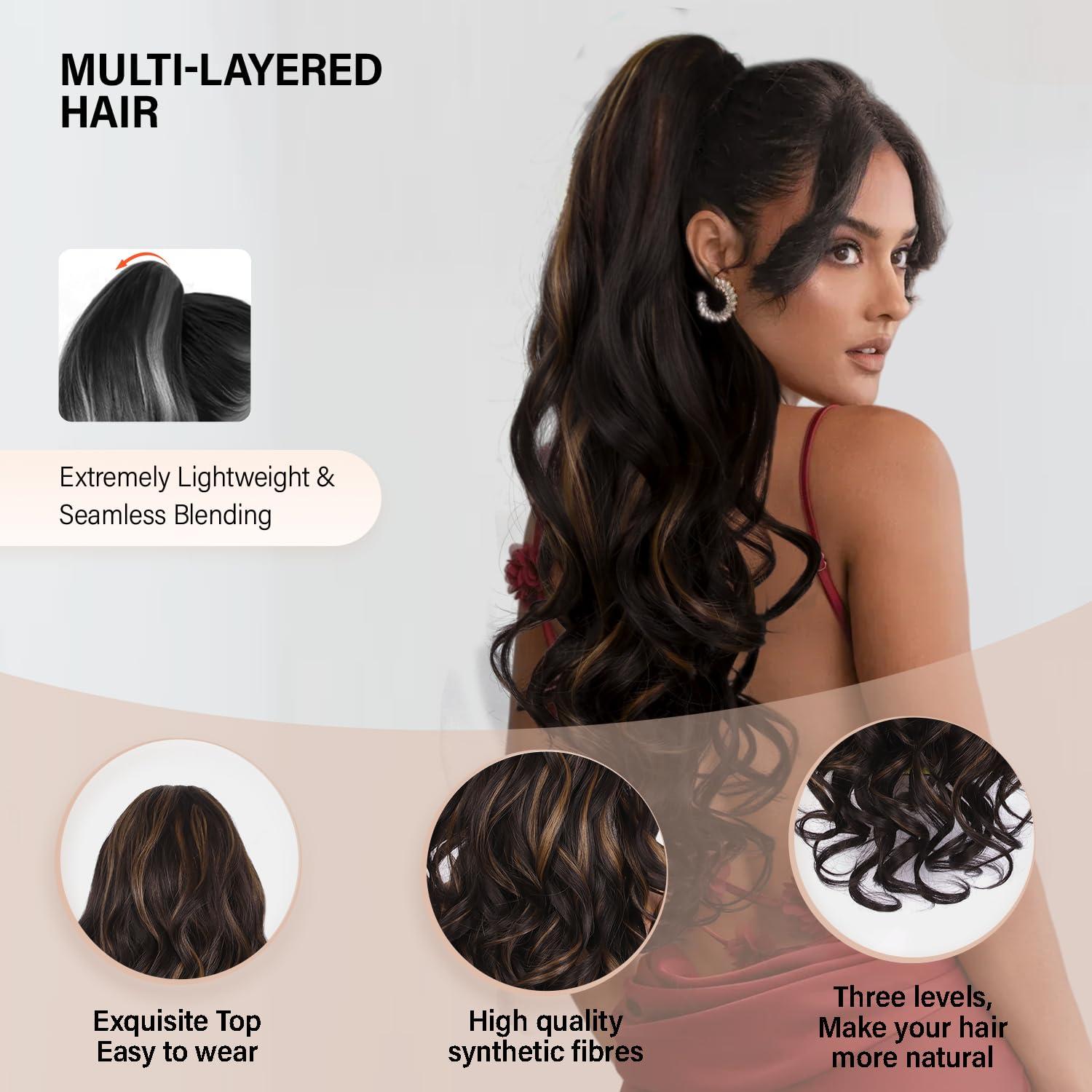 image24 Inch Blonde Ponytail Extension Clip on Ponytails for Women Long Curly Ponytail Extensions for Women Synthetic Layered Pony Tails Hair Extensions Color Dark Blonde With Beige Blonde HighlightsDark Brown with Honey Blonde Highlights