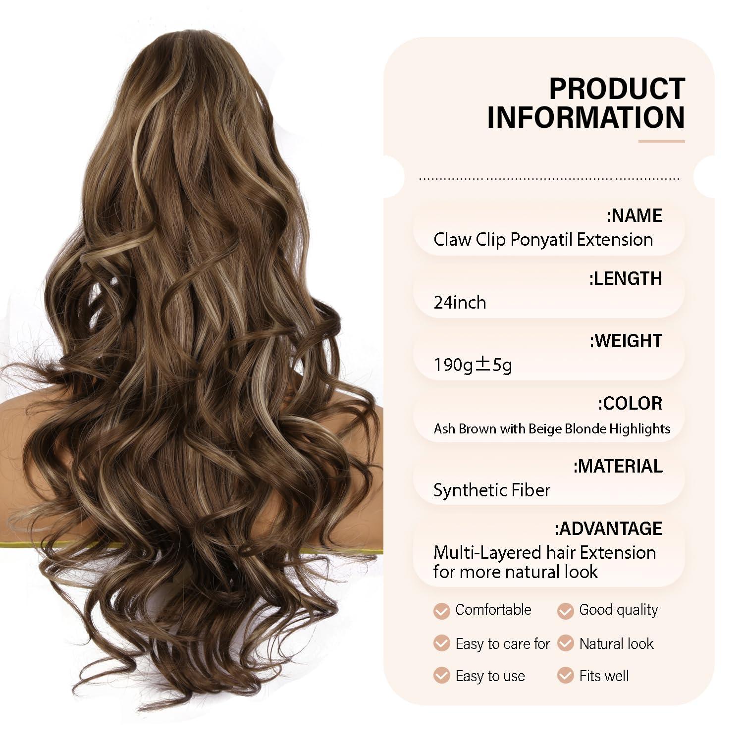 image24 Inch Blonde Ponytail Extension Clip on Ponytails for Women Long Curly Ponytail Extensions for Women Synthetic Layered Pony Tails Hair Extensions Color Dark Blonde With Beige Blonde HighlightsAsh Brown with Beige Blonde Highlights
