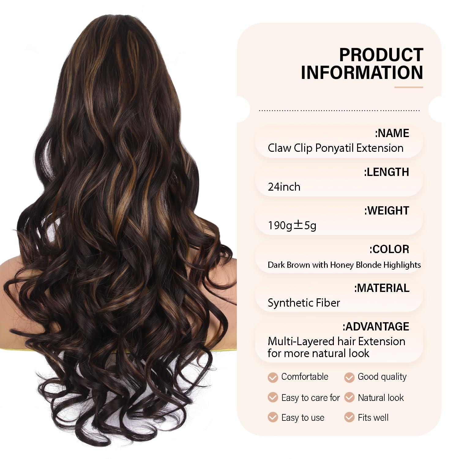 image24 Inch Blonde Ponytail Extension Clip on Ponytails for Women Long Curly Ponytail Extensions for Women Synthetic Layered Pony Tails Hair Extensions Color Dark Blonde With Beige Blonde HighlightsDark Brown with Honey Blonde Highlights