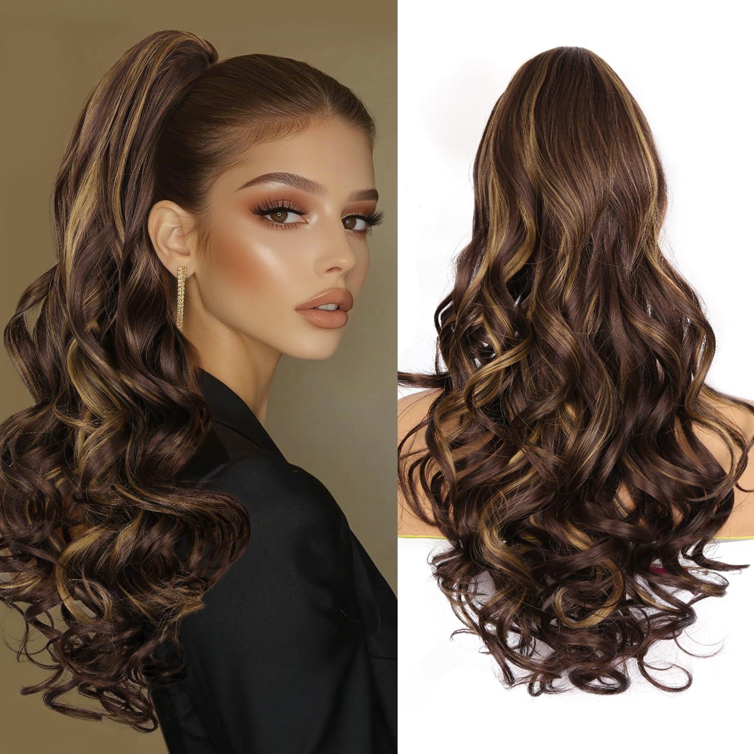 image24 Inch Blonde Ponytail Extension Clip on Ponytails for Women Long Curly Ponytail Extensions for Women Synthetic Layered Pony Tails Hair Extensions Color Dark Blonde With Beige Blonde HighlightsBrown with Blonde Highlights