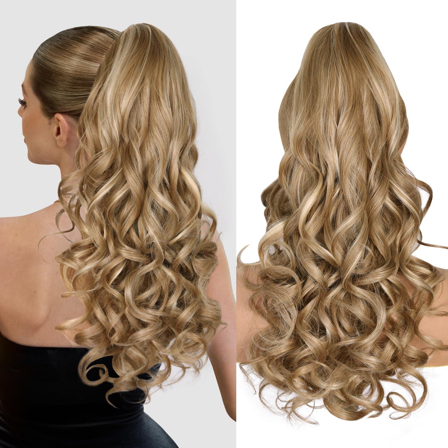 image24 Inch Blonde Ponytail Extension Clip on Ponytails for Women Long Curly Ponytail Extensions for Women Synthetic Layered Pony Tails Hair Extensions Color Dark Blonde With Beige Blonde HighlightsDark Blonde with Beige Blonde Highlights