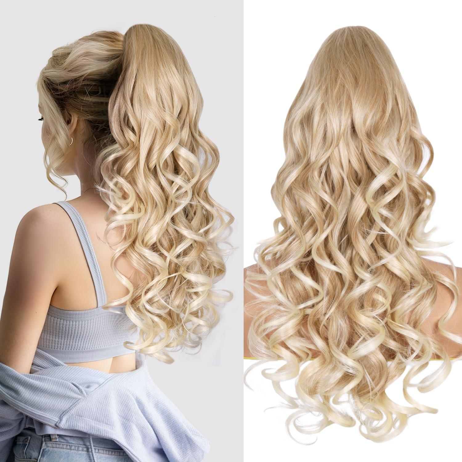 image24 Inch Blonde Ponytail Extension Clip on Ponytails for Women Long Curly Ponytail Extensions for Women Synthetic Layered Pony Tails Hair Extensions Color Dark Blonde With Beige Blonde HighlightsMedium Blonde With Bleach Blonde Ends