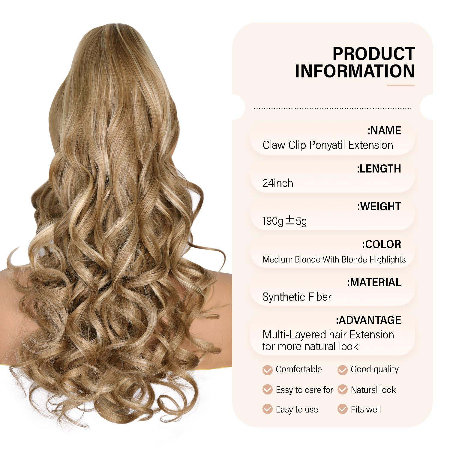 image24 Inch Blonde Ponytail Extension Clip on Ponytails for Women Long Curly Ponytail Extensions for Women Synthetic Layered Pony Tails Hair Extensions Color Dark Blonde With Beige Blonde HighlightsDark Blonde with Beige Blonde Highlights