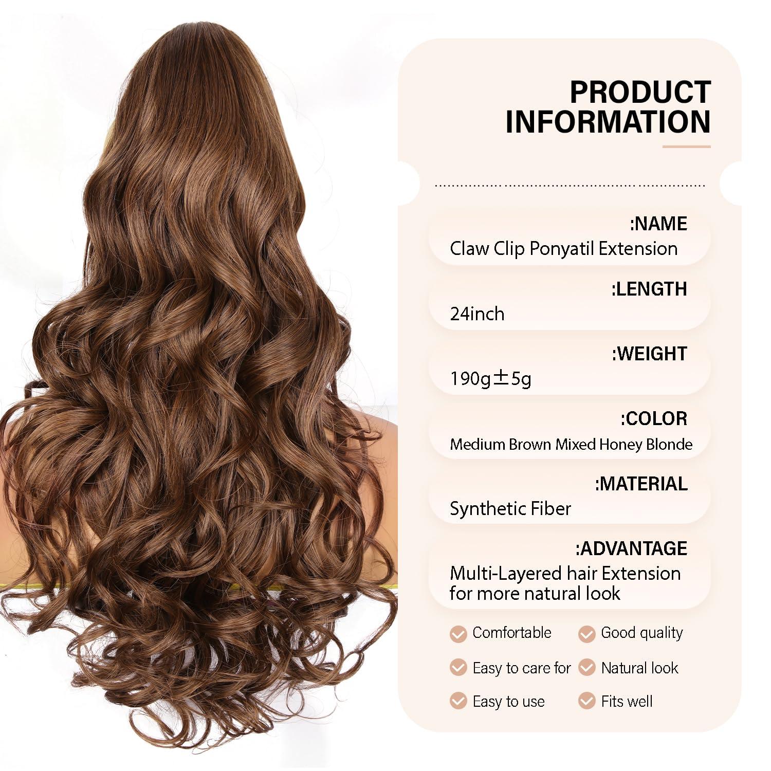 image24 Inch Blonde Ponytail Extension Clip on Ponytails for Women Long Curly Ponytail Extensions for Women Synthetic Layered Pony Tails Hair Extensions Color Dark Blonde With Beige Blonde HighlightsMedium Brown Mixed Honey Blonde