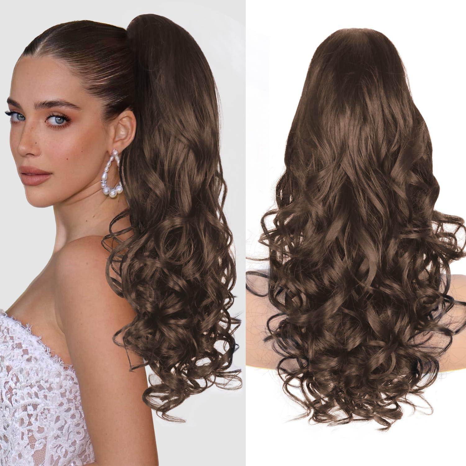 image24 Inch Blonde Ponytail Extension Clip on Ponytails for Women Long Curly Ponytail Extensions for Women Synthetic Layered Pony Tails Hair Extensions Color Dark Blonde With Beige Blonde HighlightsDark Chocolate Brown