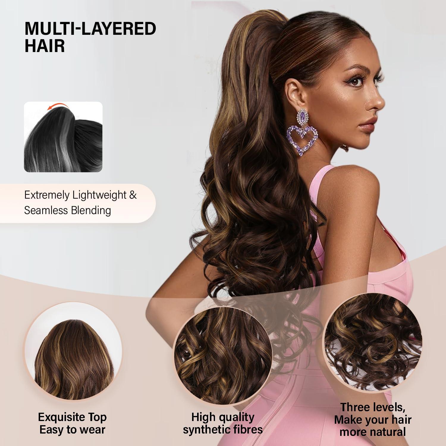 image24 Inch Blonde Ponytail Extension Clip on Ponytails for Women Long Curly Ponytail Extensions for Women Synthetic Layered Pony Tails Hair Extensions Color Dark Blonde With Beige Blonde HighlightsBrown with Blonde Highlights