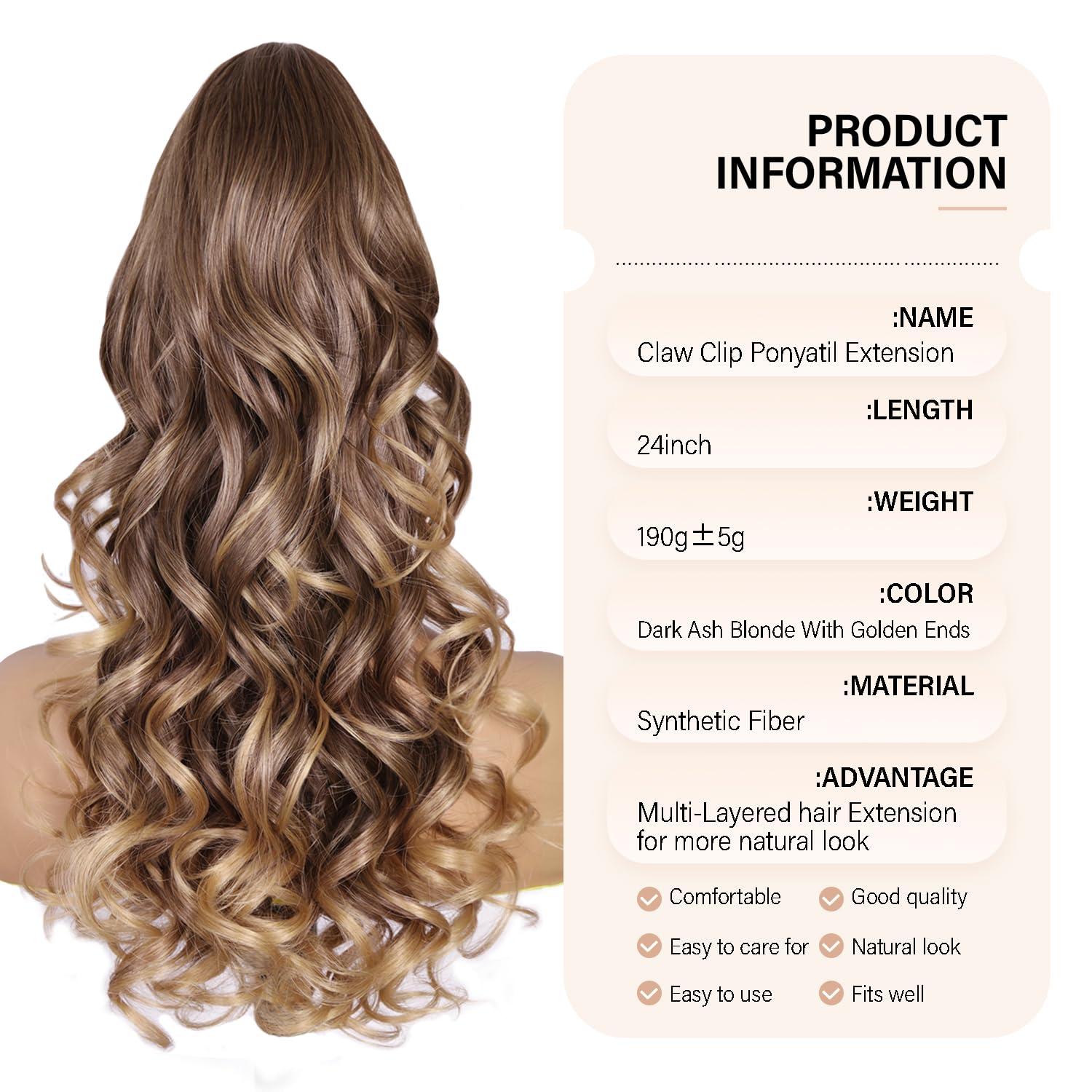 image24 Inch Blonde Ponytail Extension Clip on Ponytails for Women Long Curly Ponytail Extensions for Women Synthetic Layered Pony Tails Hair Extensions Color Dark Blonde With Beige Blonde HighlightsLight Brown With Golden Ends