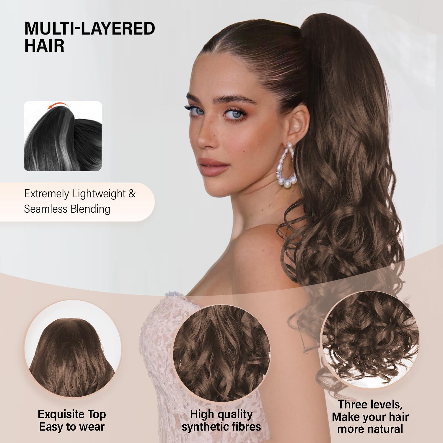 image24 Inch Blonde Ponytail Extension Clip on Ponytails for Women Long Curly Ponytail Extensions for Women Synthetic Layered Pony Tails Hair Extensions Color Dark Blonde With Beige Blonde HighlightsDark Chocolate Brown