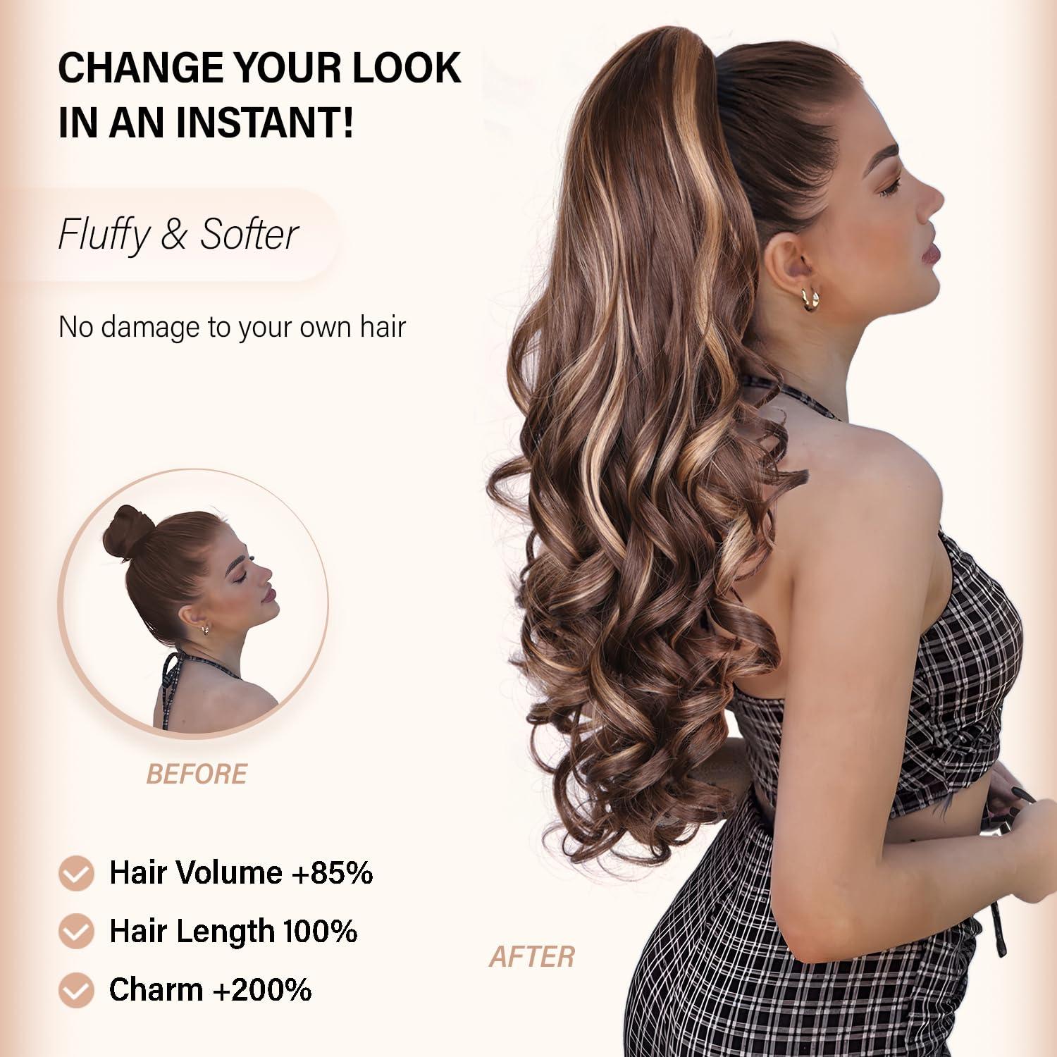 image24 Inch Blonde Ponytail Extension Clip on Ponytails for Women Long Curly Ponytail Extensions for Women Synthetic Layered Pony Tails Hair Extensions Color Dark Blonde With Beige Blonde HighlightsMedium Blonde With Bleach Blonde Ends