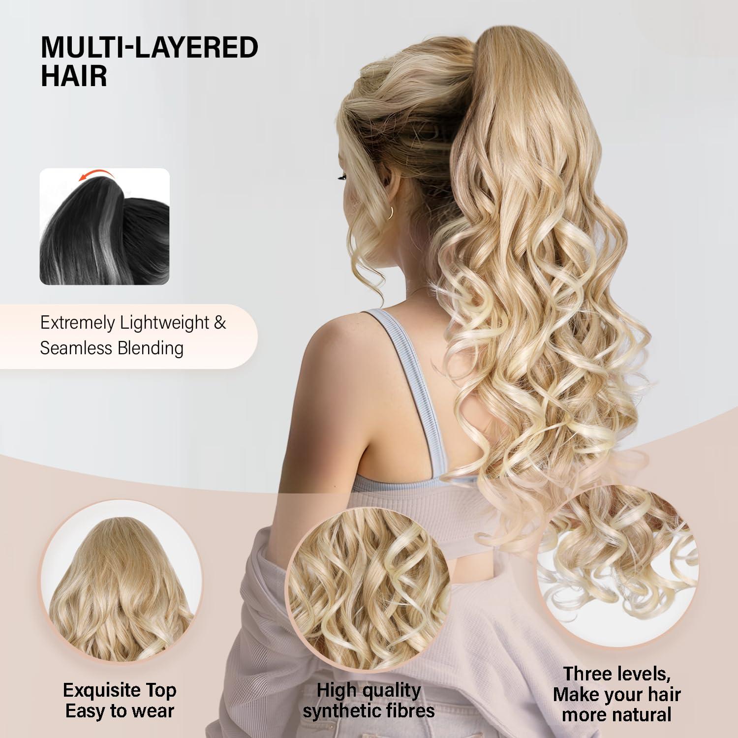 image24 Inch Blonde Ponytail Extension Clip on Ponytails for Women Long Curly Ponytail Extensions for Women Synthetic Layered Pony Tails Hair Extensions Color Dark Blonde With Beige Blonde HighlightsMedium Blonde With Bleach Blonde Ends