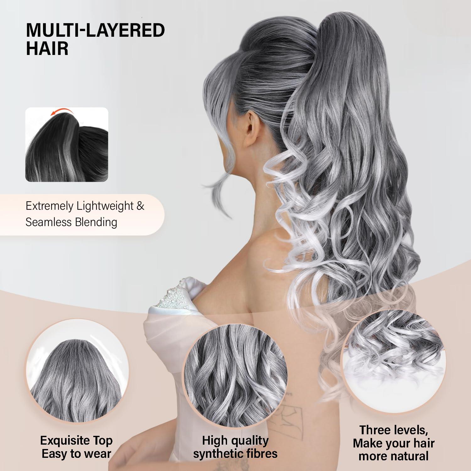 image24 Inch Blonde Ponytail Extension Clip on Ponytails for Women Long Curly Ponytail Extensions for Women Synthetic Layered Pony Tails Hair Extensions Color Dark Blonde With Beige Blonde HighlightsSalt and Pepper