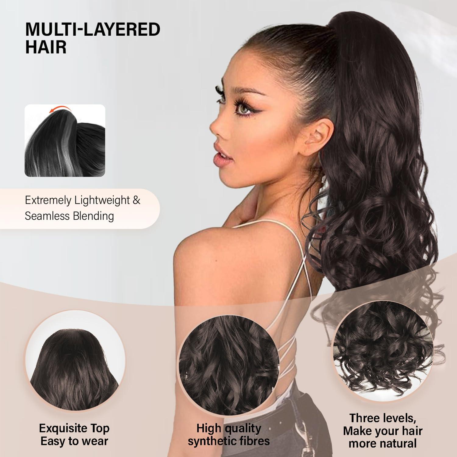 image24 Inch Blonde Ponytail Extension Clip on Ponytails for Women Long Curly Ponytail Extensions for Women Synthetic Layered Pony Tails Hair Extensions Color Dark Blonde With Beige Blonde HighlightsDark Brown