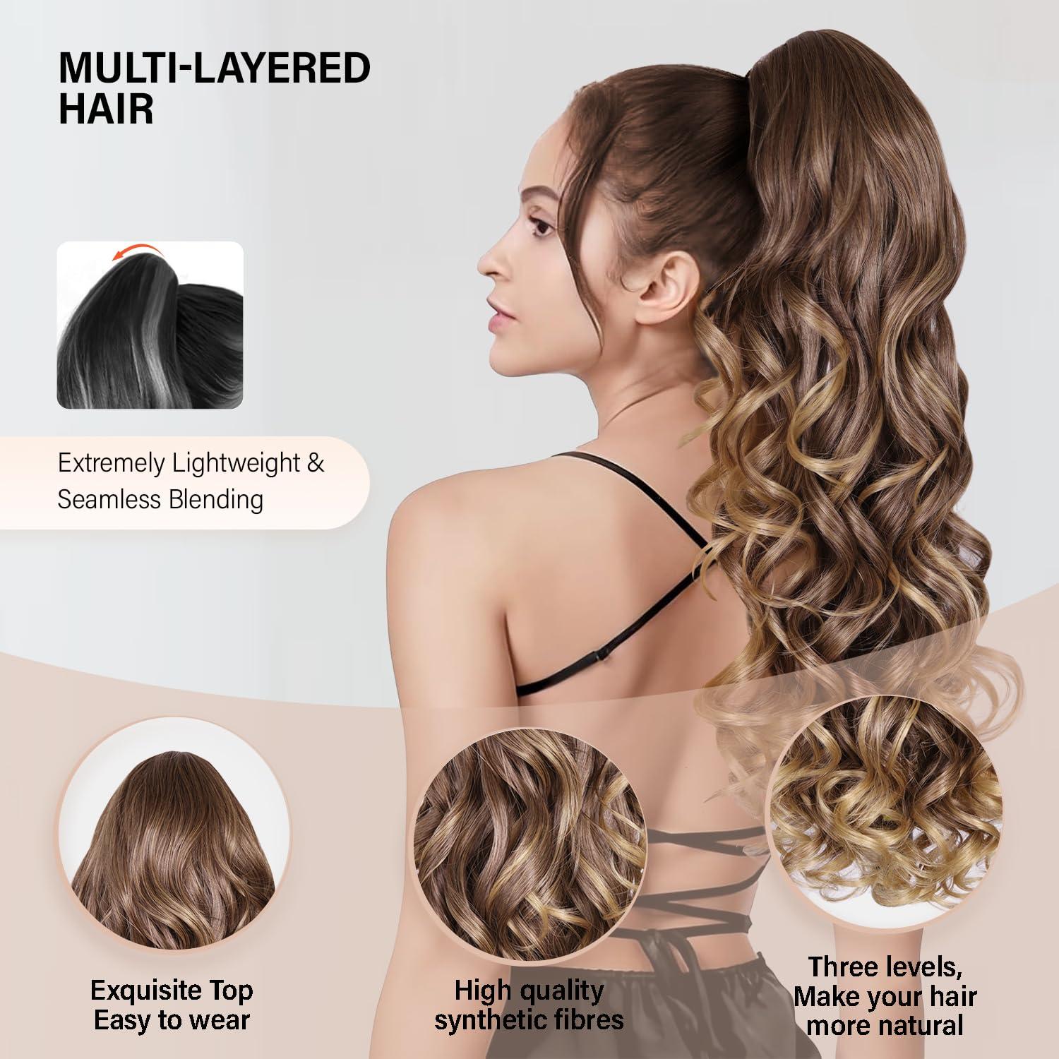 image24 Inch Blonde Ponytail Extension Clip on Ponytails for Women Long Curly Ponytail Extensions for Women Synthetic Layered Pony Tails Hair Extensions Color Dark Blonde With Beige Blonde HighlightsLight Brown With Golden Ends