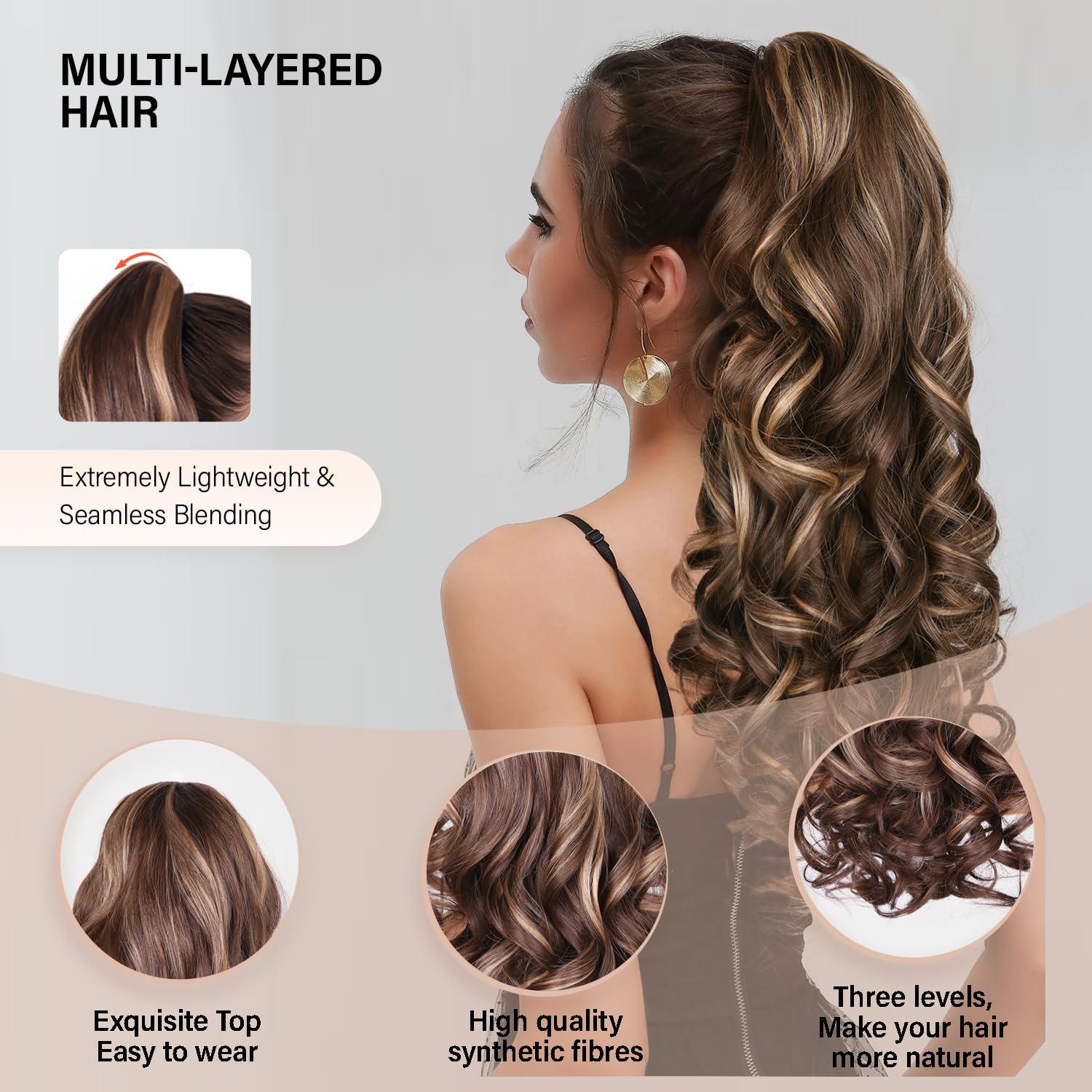 image24 Inch Blonde Ponytail Extension Clip on Ponytails for Women Long Curly Ponytail Extensions for Women Synthetic Layered Pony Tails Hair Extensions Color Dark Blonde With Beige Blonde HighlightsChestnut Brown With Golden Highlights