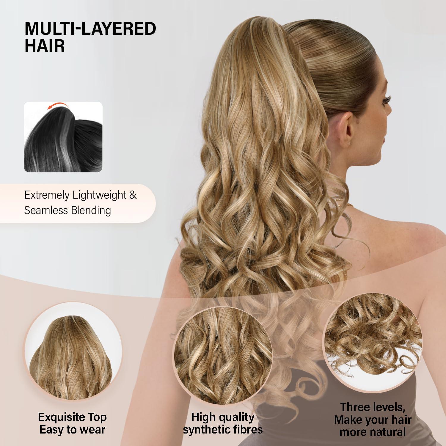 image24 Inch Blonde Ponytail Extension Clip on Ponytails for Women Long Curly Ponytail Extensions for Women Synthetic Layered Pony Tails Hair Extensions Color Dark Blonde With Beige Blonde HighlightsDark Blonde with Beige Blonde Highlights