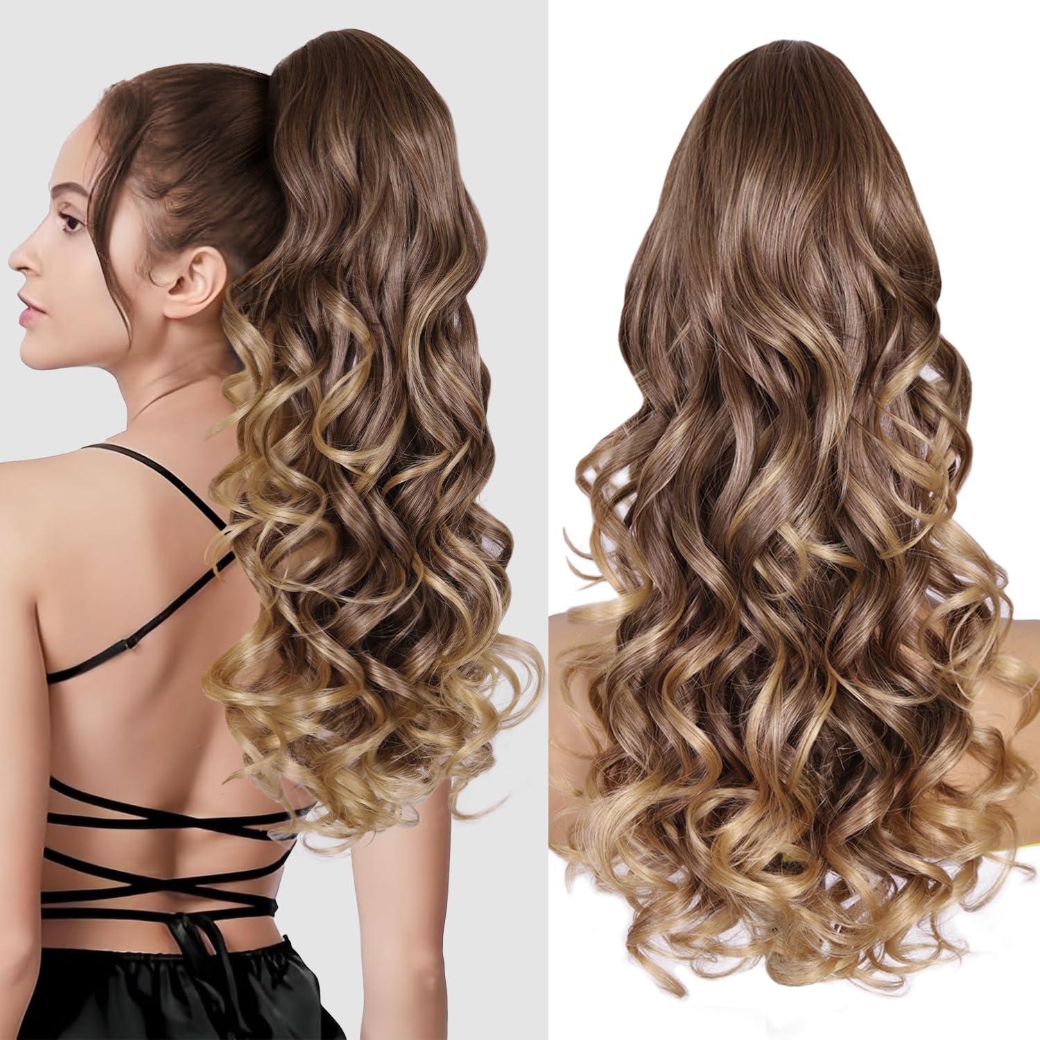image24 Inch Blonde Ponytail Extension Clip on Ponytails for Women Long Curly Ponytail Extensions for Women Synthetic Layered Pony Tails Hair Extensions Color Dark Blonde With Beige Blonde HighlightsLight Brown With Golden Ends