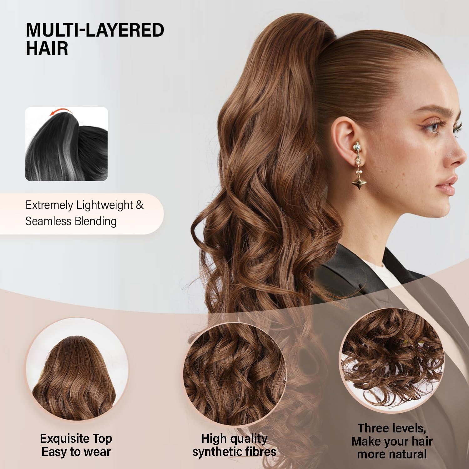 image24 Inch Blonde Ponytail Extension Clip on Ponytails for Women Long Curly Ponytail Extensions for Women Synthetic Layered Pony Tails Hair Extensions Color Dark Blonde With Beige Blonde HighlightsMedium Brown Mixed Honey Blonde