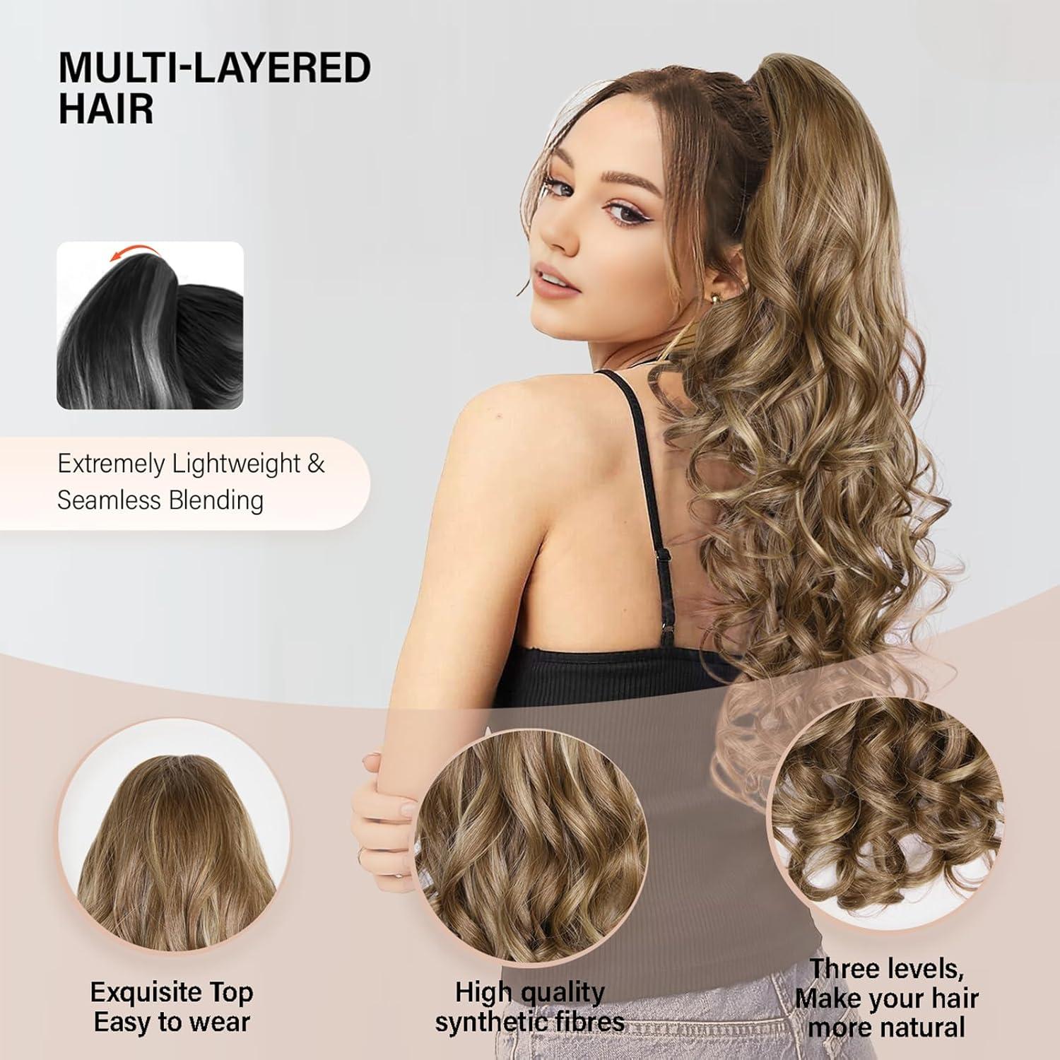 image24 Inch Blonde Ponytail Extension Clip on Ponytails for Women Long Curly Ponytail Extensions for Women Synthetic Layered Pony Tails Hair Extensions Color Dark Blonde With Beige Blonde HighlightsLight Brown With Dark Blonde Highlights