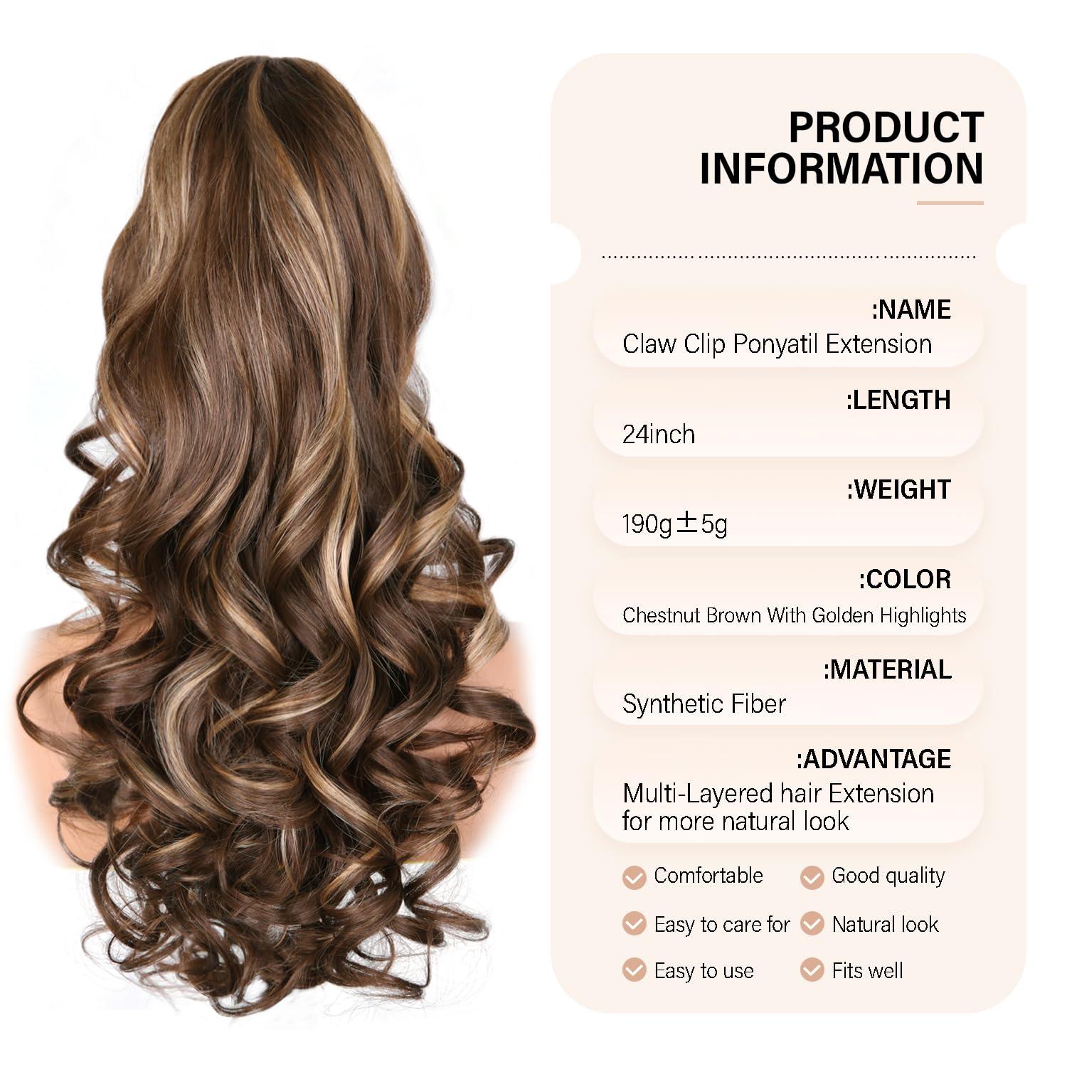 image24 Inch Blonde Ponytail Extension Clip on Ponytails for Women Long Curly Ponytail Extensions for Women Synthetic Layered Pony Tails Hair Extensions Color Dark Blonde With Beige Blonde HighlightsChestnut Brown With Golden Highlights