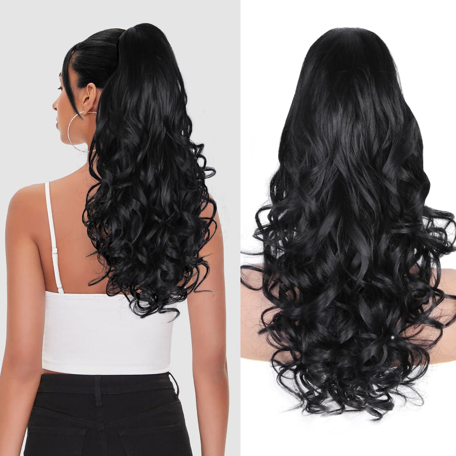 image24 Inch Blonde Ponytail Extension Clip on Ponytails for Women Long Curly Ponytail Extensions for Women Synthetic Layered Pony Tails Hair Extensions Color Dark Blonde With Beige Blonde HighlightsBlack