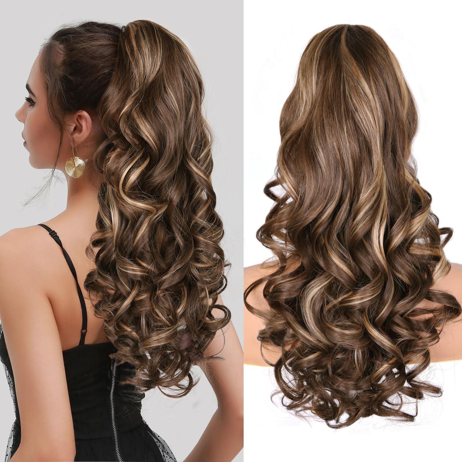 image24 Inch Blonde Ponytail Extension Clip on Ponytails for Women Long Curly Ponytail Extensions for Women Synthetic Layered Pony Tails Hair Extensions Color Dark Blonde With Beige Blonde HighlightsChestnut Brown With Golden Highlights