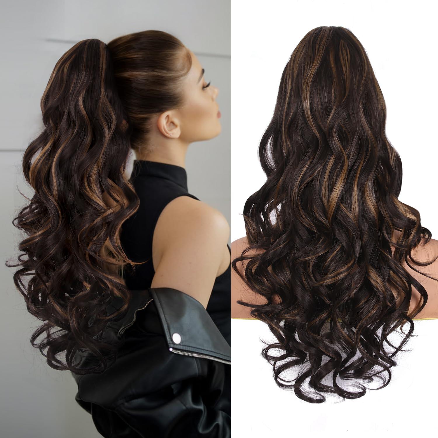 image24 Inch Blonde Ponytail Extension Clip on Ponytails for Women Long Curly Ponytail Extensions for Women Synthetic Layered Pony Tails Hair Extensions Color Dark Blonde With Beige Blonde HighlightsDark Brown with Honey Blonde Highlights