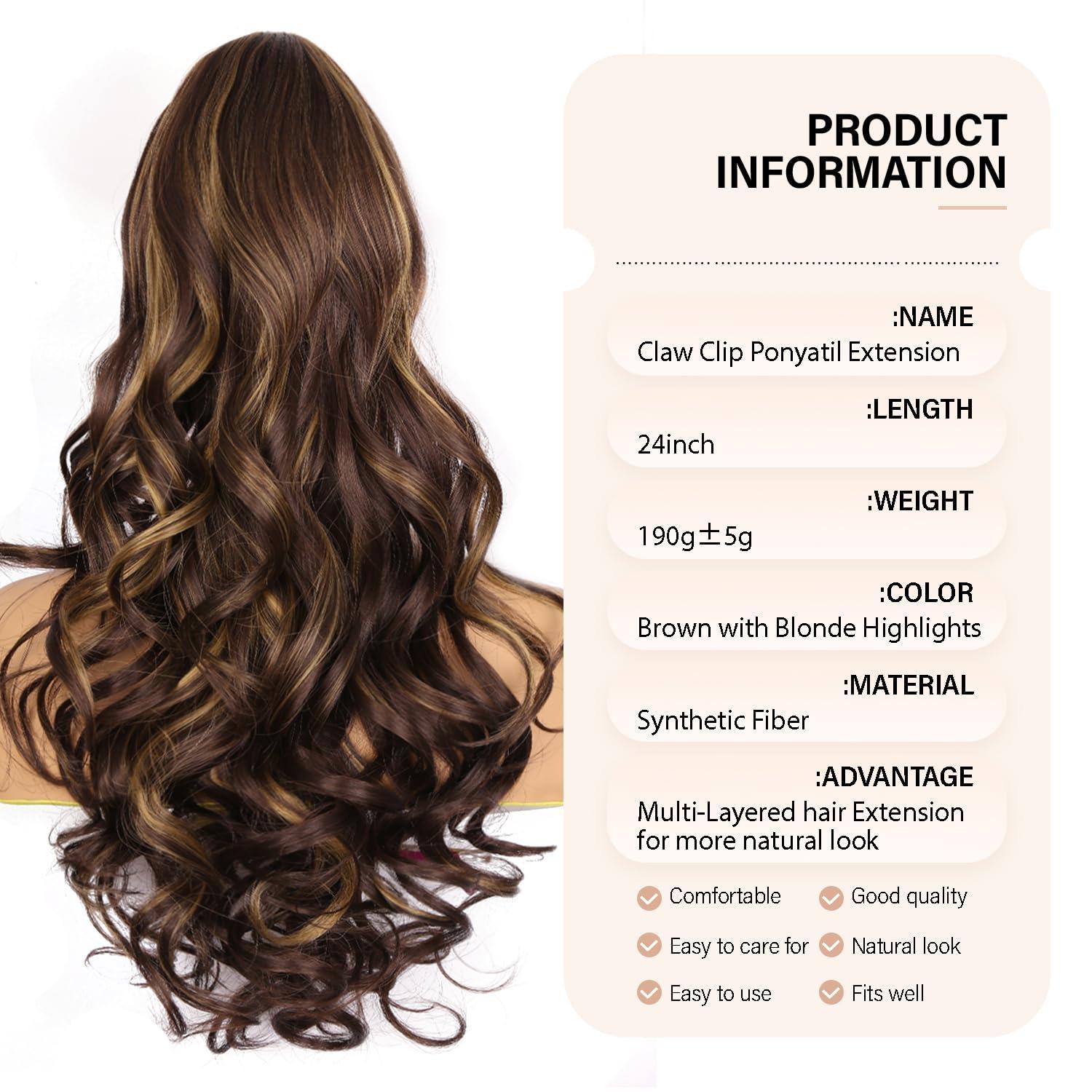 image24 Inch Blonde Ponytail Extension Clip on Ponytails for Women Long Curly Ponytail Extensions for Women Synthetic Layered Pony Tails Hair Extensions Color Dark Blonde With Beige Blonde HighlightsBrown with Blonde Highlights