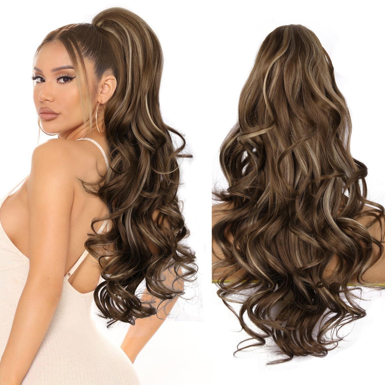image24 Inch Blonde Ponytail Extension Clip on Ponytails for Women Long Curly Ponytail Extensions for Women Synthetic Layered Pony Tails Hair Extensions Color Dark Blonde With Beige Blonde HighlightsAsh Brown with Beige Blonde Highlights