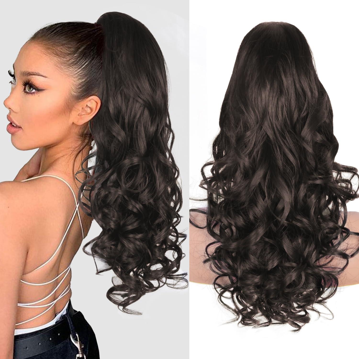 image24 Inch Blonde Ponytail Extension Clip on Ponytails for Women Long Curly Ponytail Extensions for Women Synthetic Layered Pony Tails Hair Extensions Color Dark Blonde With Beige Blonde HighlightsDark Brown