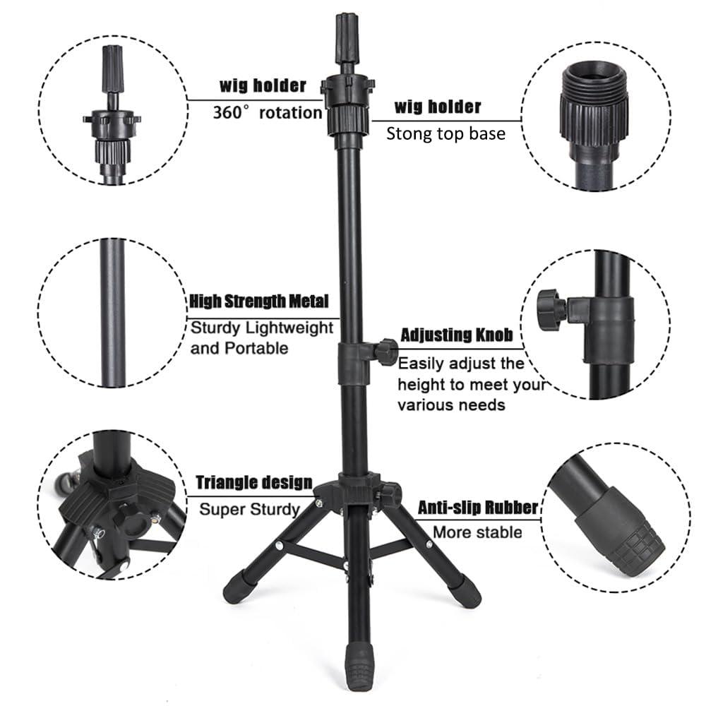 image25 Inch Wig Stand Tripod Adjustable Mannequin Head Stand Wig Head Stand for Training Heads And Canvas Block Head Pink Mannequin Head Not IncludedBlack