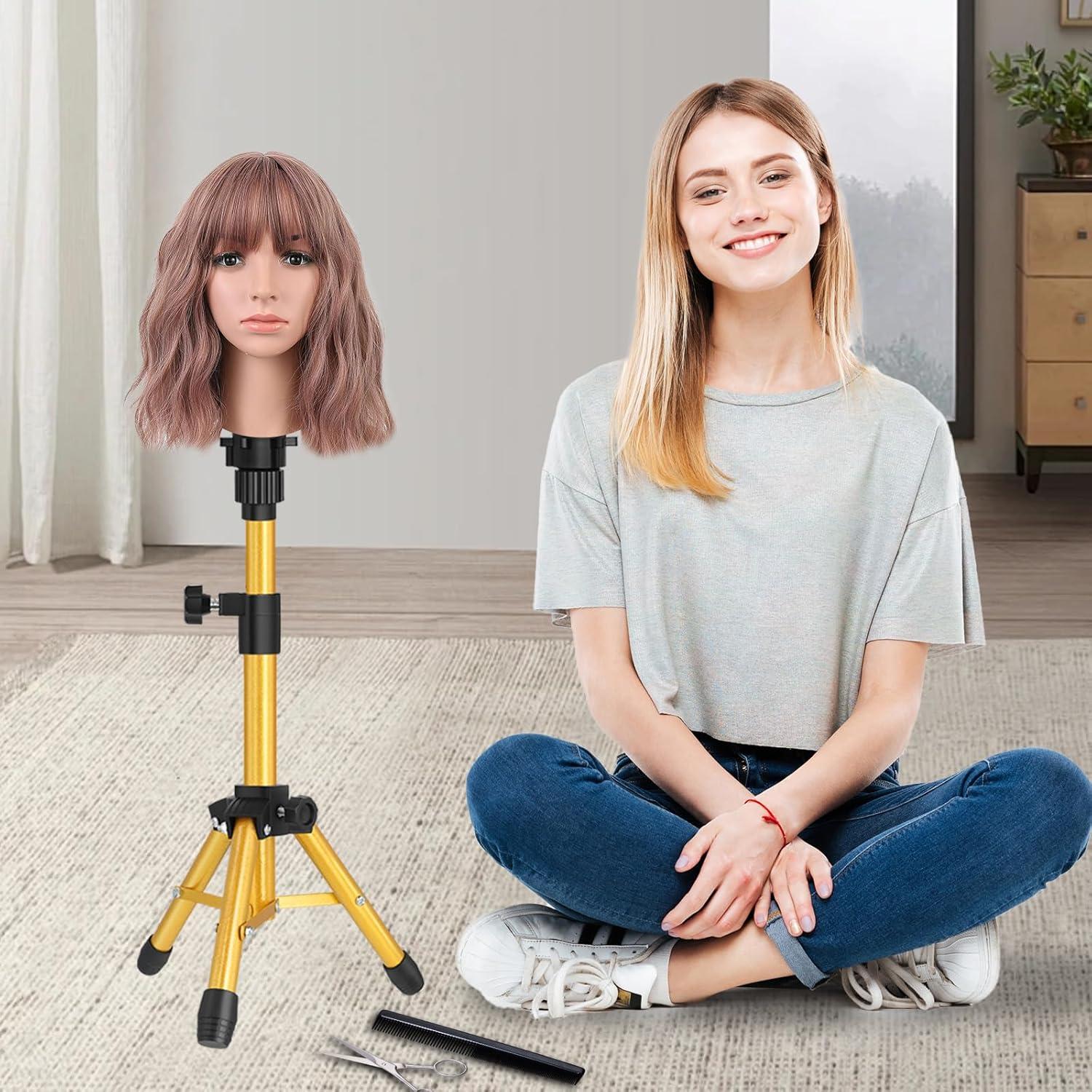 image25 Inch Wig Stand Tripod Adjustable Mannequin Head Stand Wig Head Stand for Training Heads And Canvas Block Head Pink Mannequin Head Not IncludedGolden