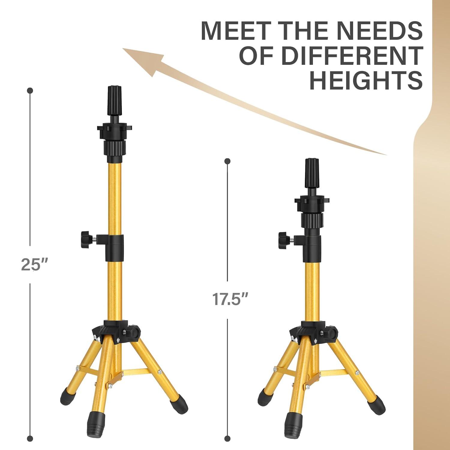 image25 Inch Wig Stand Tripod Adjustable Mannequin Head Stand Wig Head Stand for Training Heads And Canvas Block Head Pink Mannequin Head Not IncludedGolden
