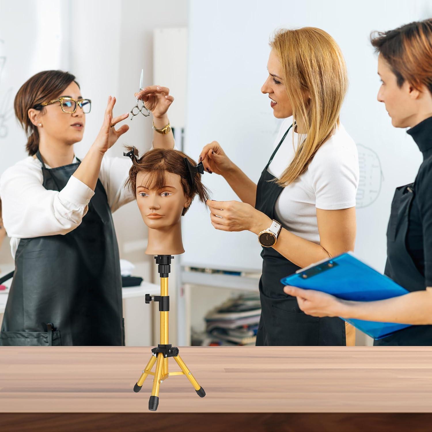 image25 Inch Wig Stand Tripod Adjustable Mannequin Head Stand Wig Head Stand for Training Heads And Canvas Block Head Pink Mannequin Head Not IncludedGolden