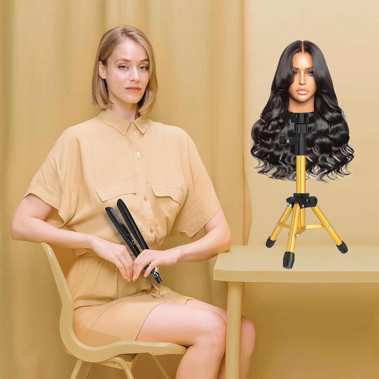 image25 Inch Wig Stand Tripod Adjustable Mannequin Head Stand Wig Head Stand for Training Heads And Canvas Block Head Pink Mannequin Head Not IncludedGolden