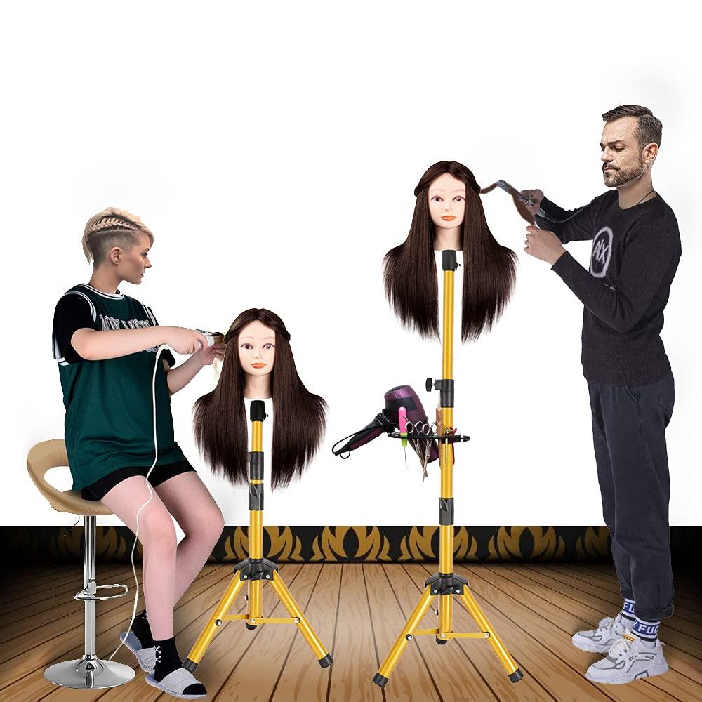 image25 Inch Wig Stand Tripod Adjustable Mannequin Head Stand Wig Head Stand for Training Heads And Canvas Block Head Pink Mannequin Head Not IncludedGolden