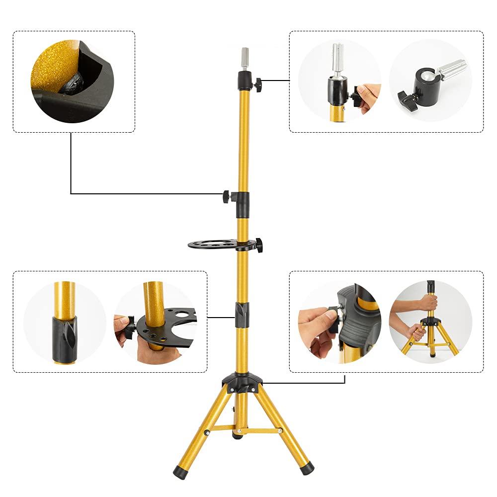 image25 Inch Wig Stand Tripod Adjustable Mannequin Head Stand Wig Head Stand for Training Heads And Canvas Block Head Pink Mannequin Head Not IncludedGolden