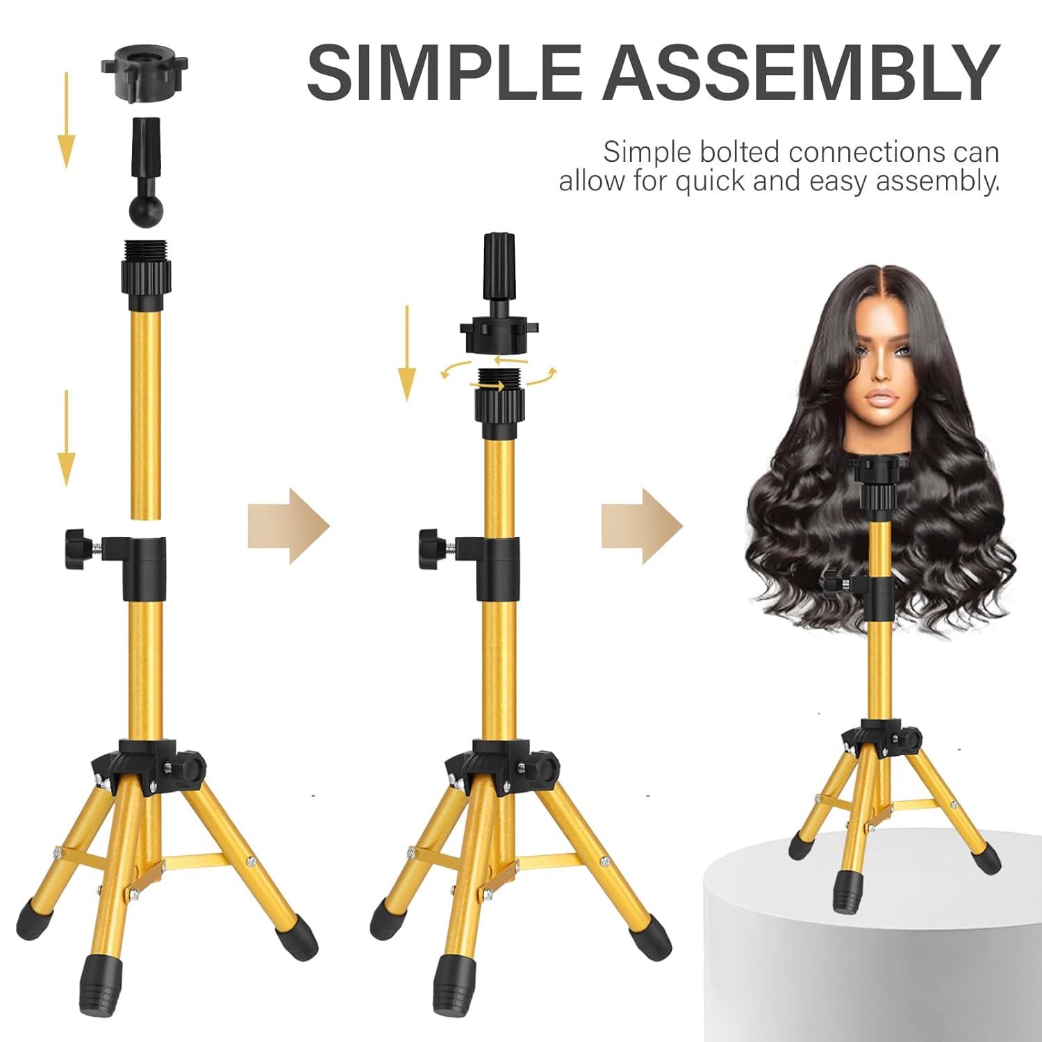image25 Inch Wig Stand Tripod Adjustable Mannequin Head Stand Wig Head Stand for Training Heads And Canvas Block Head Pink Mannequin Head Not IncludedGolden