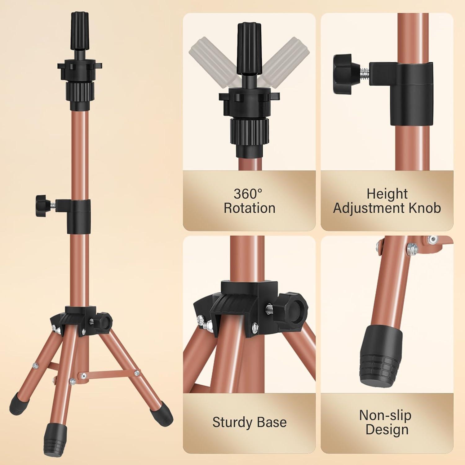 image25 Inch Wig Stand Tripod Adjustable Mannequin Head Stand Wig Head Stand for Training Heads And Canvas Block Head Pink Mannequin Head Not IncludedLatte