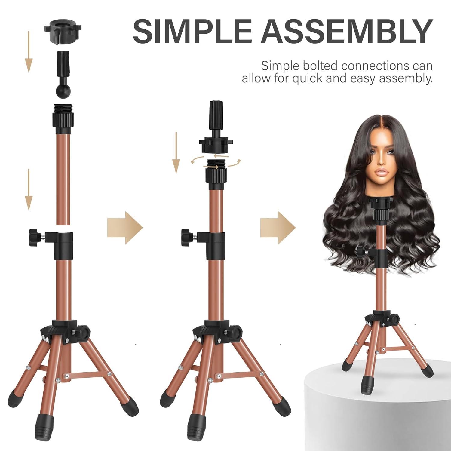 image25 Inch Wig Stand Tripod Adjustable Mannequin Head Stand Wig Head Stand for Training Heads And Canvas Block Head Pink Mannequin Head Not IncludedLatte