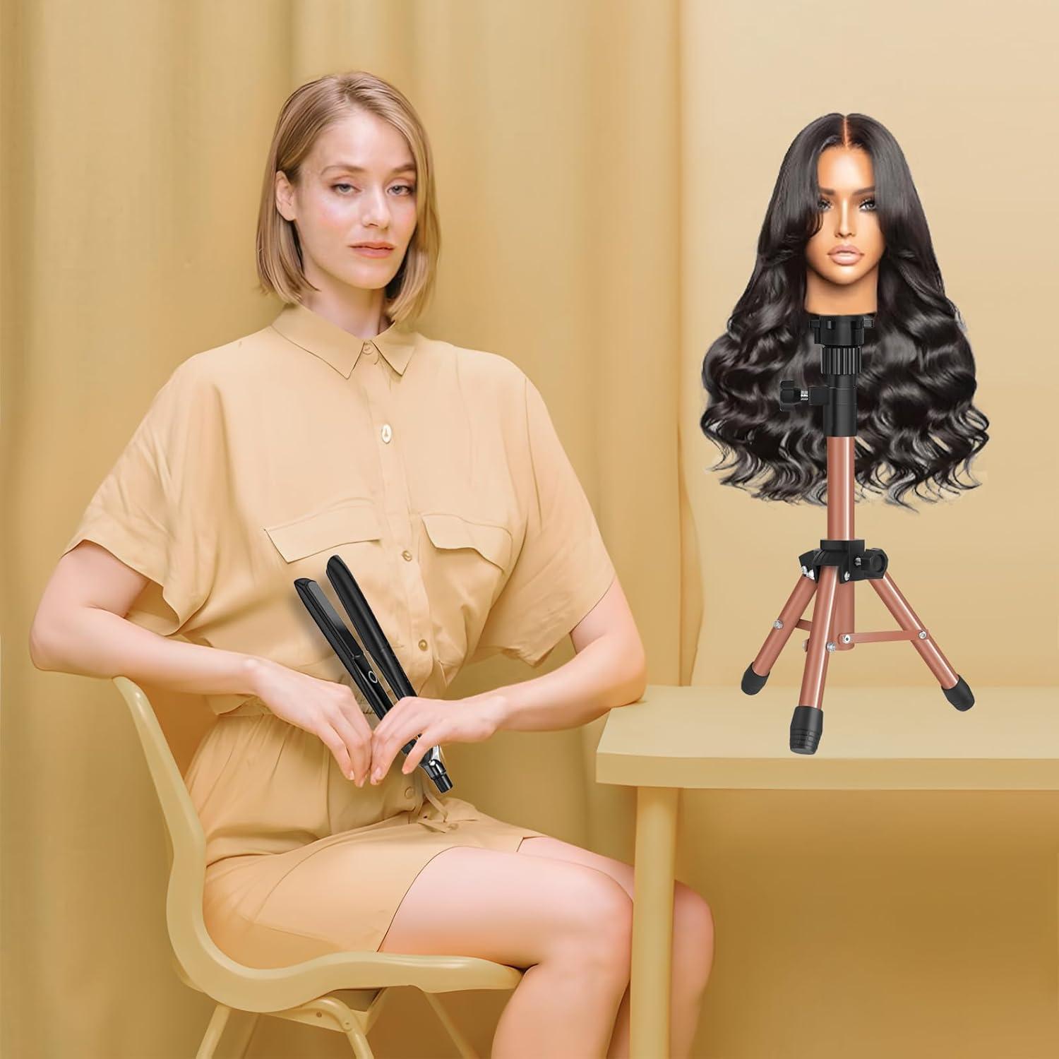 image25 Inch Wig Stand Tripod Adjustable Mannequin Head Stand Wig Head Stand for Training Heads And Canvas Block Head Pink Mannequin Head Not IncludedLatte