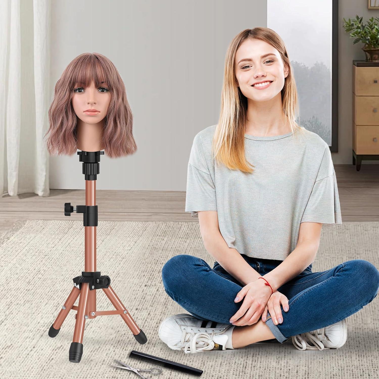 image25 Inch Wig Stand Tripod Adjustable Mannequin Head Stand Wig Head Stand for Training Heads And Canvas Block Head Pink Mannequin Head Not IncludedLatte