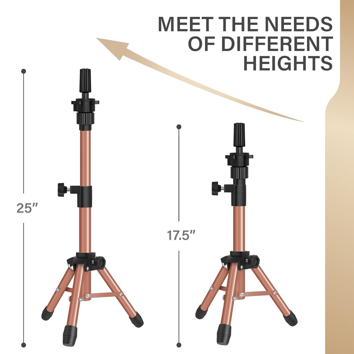image25 Inch Wig Stand Tripod Adjustable Mannequin Head Stand Wig Head Stand for Training Heads And Canvas Block Head Pink Mannequin Head Not IncludedLatte