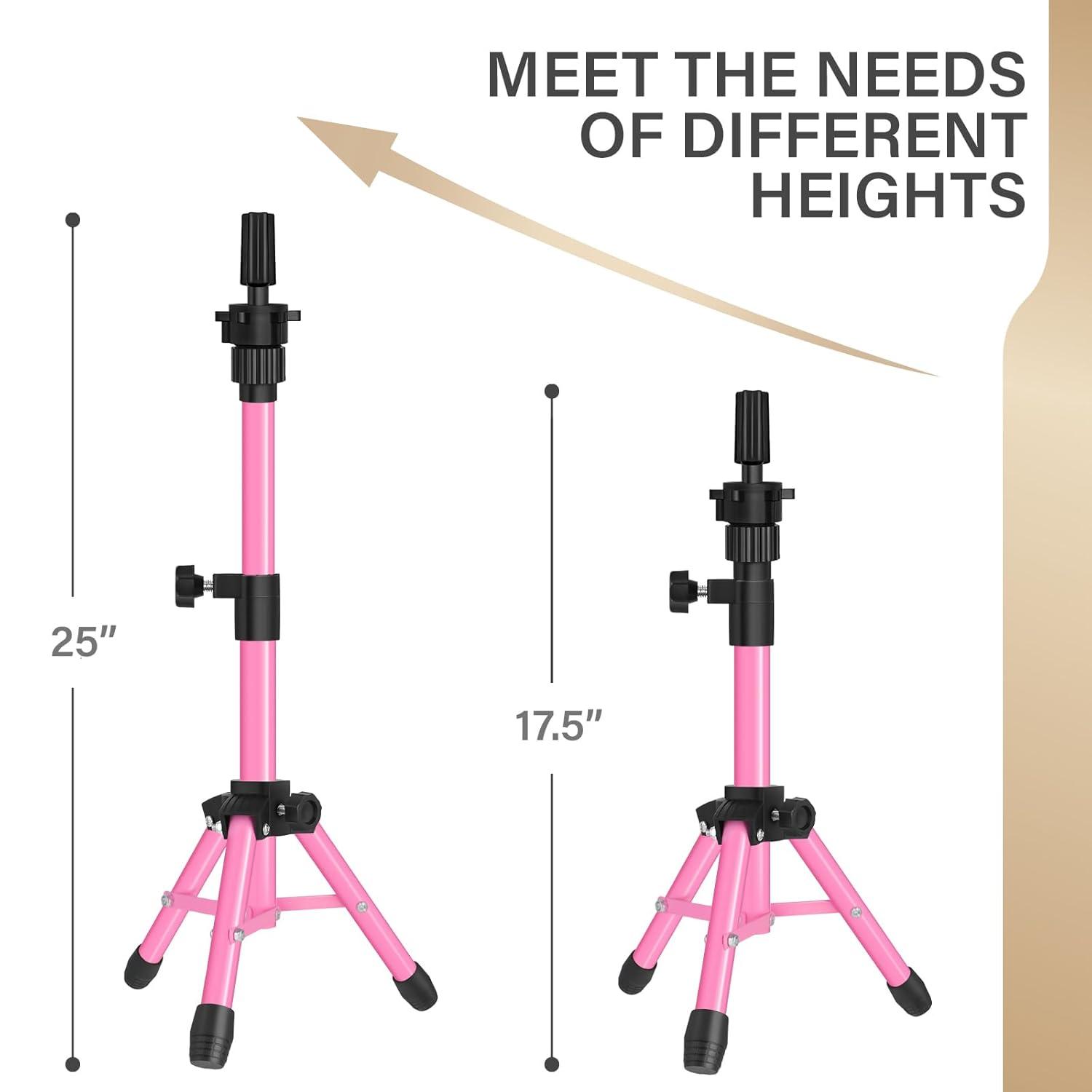 image25 Inch Wig Stand Tripod Adjustable Mannequin Head Stand Wig Head Stand for Training Heads And Canvas Block Head Pink Mannequin Head Not IncludedPink