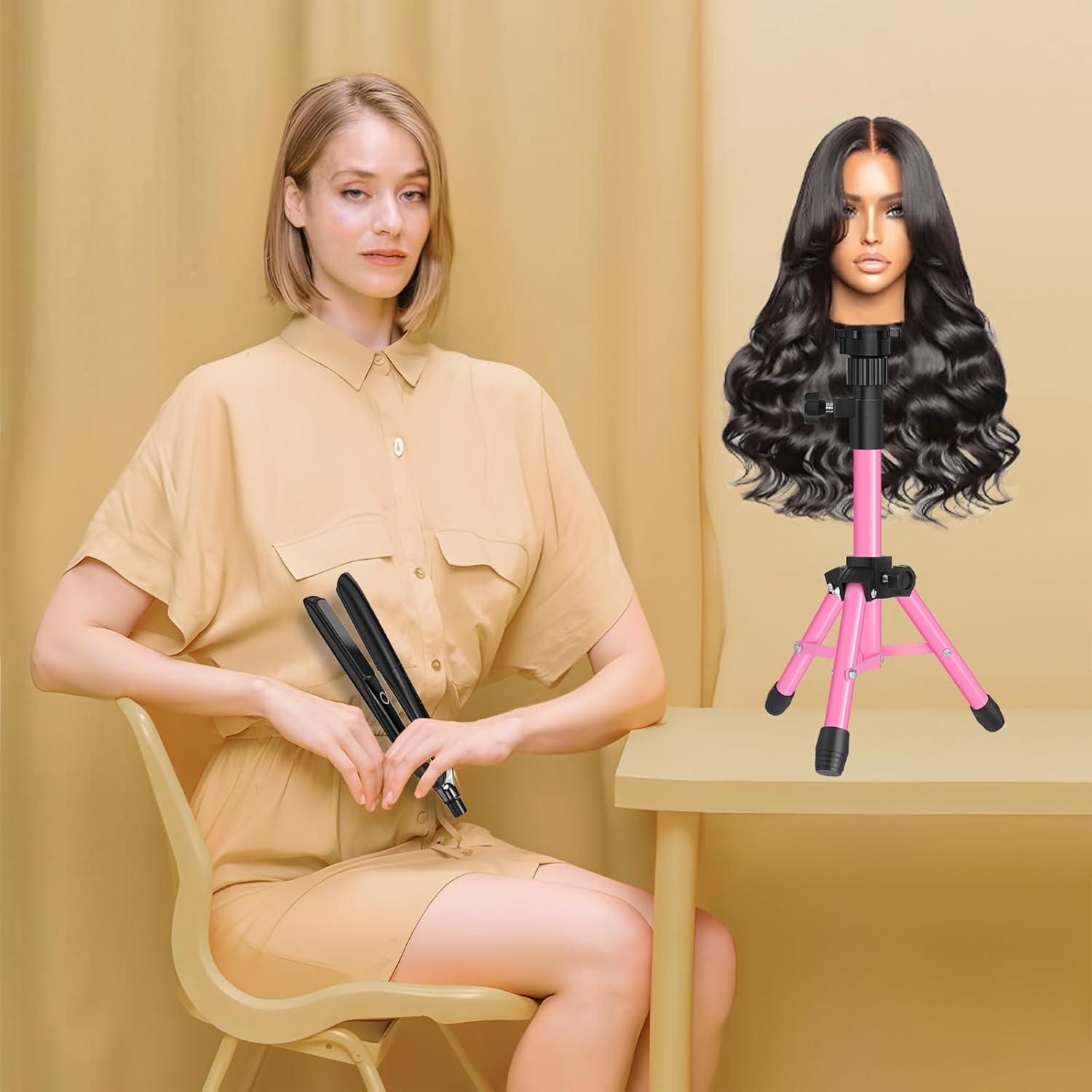 image25 Inch Wig Stand Tripod Adjustable Mannequin Head Stand Wig Head Stand for Training Heads And Canvas Block Head Pink Mannequin Head Not IncludedPink