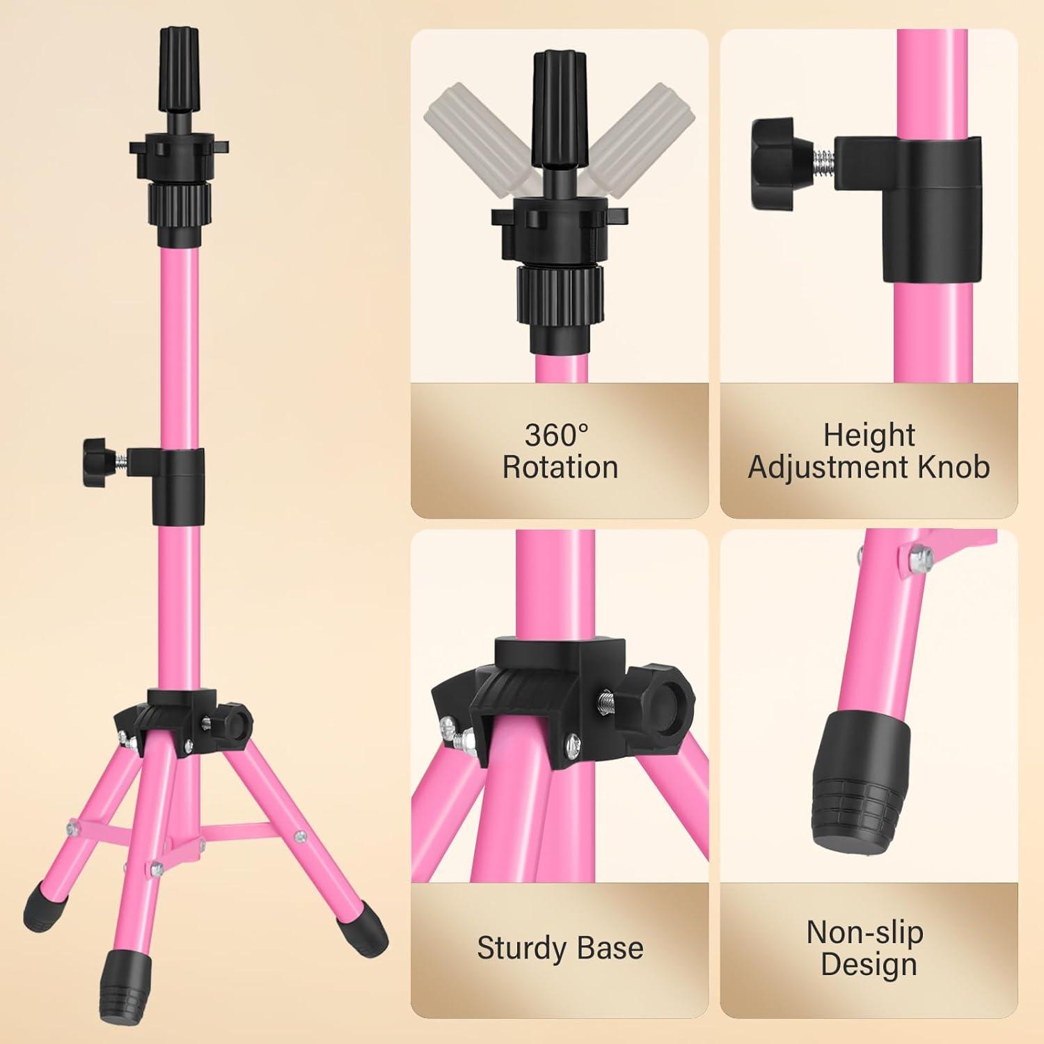 image25 Inch Wig Stand Tripod Adjustable Mannequin Head Stand Wig Head Stand for Training Heads And Canvas Block Head Pink Mannequin Head Not IncludedPink